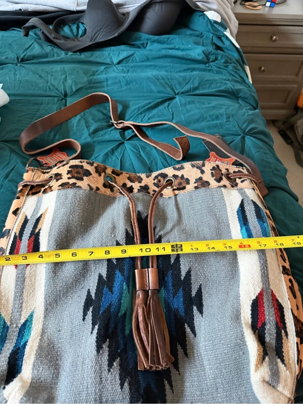 American Darling Blue and Teal Southwestern Shoulder Bag with Leopard Trim